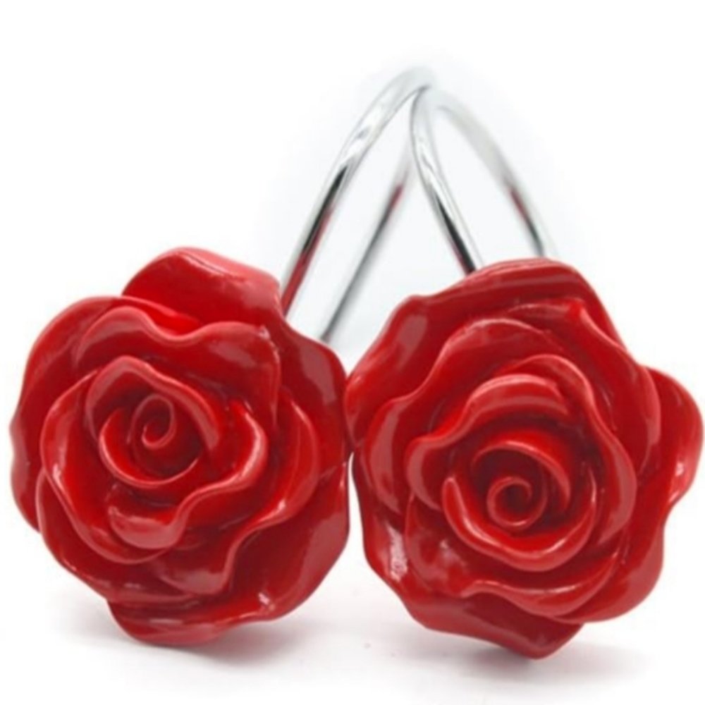 Faux Coral 12 Ruby Red Rose Shower Curtain Rings Roses Floral Hooks Botanical